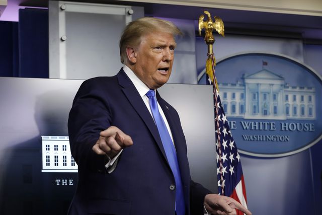 United States President Donald Trump makes final remarks at the end of his news conference in the Brady Press Briefing Room of the White House in Washington, DC.